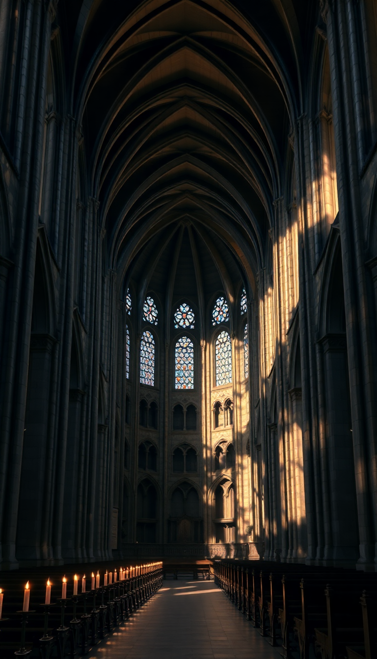 Gothic Cathedral Interior Candlelight Shadows Photorealistic Wallpaper