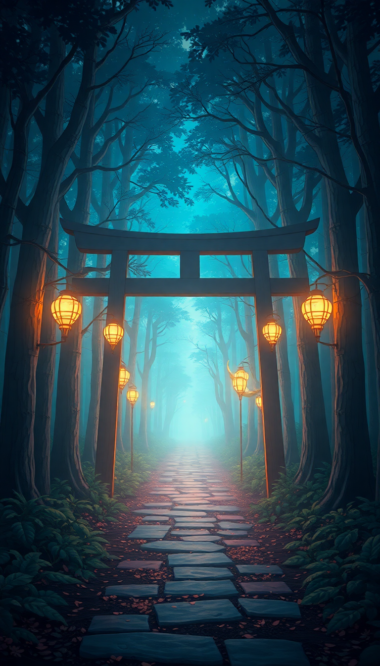 Spirit Forest Glowing Creatures Torii Anime Wallpaper