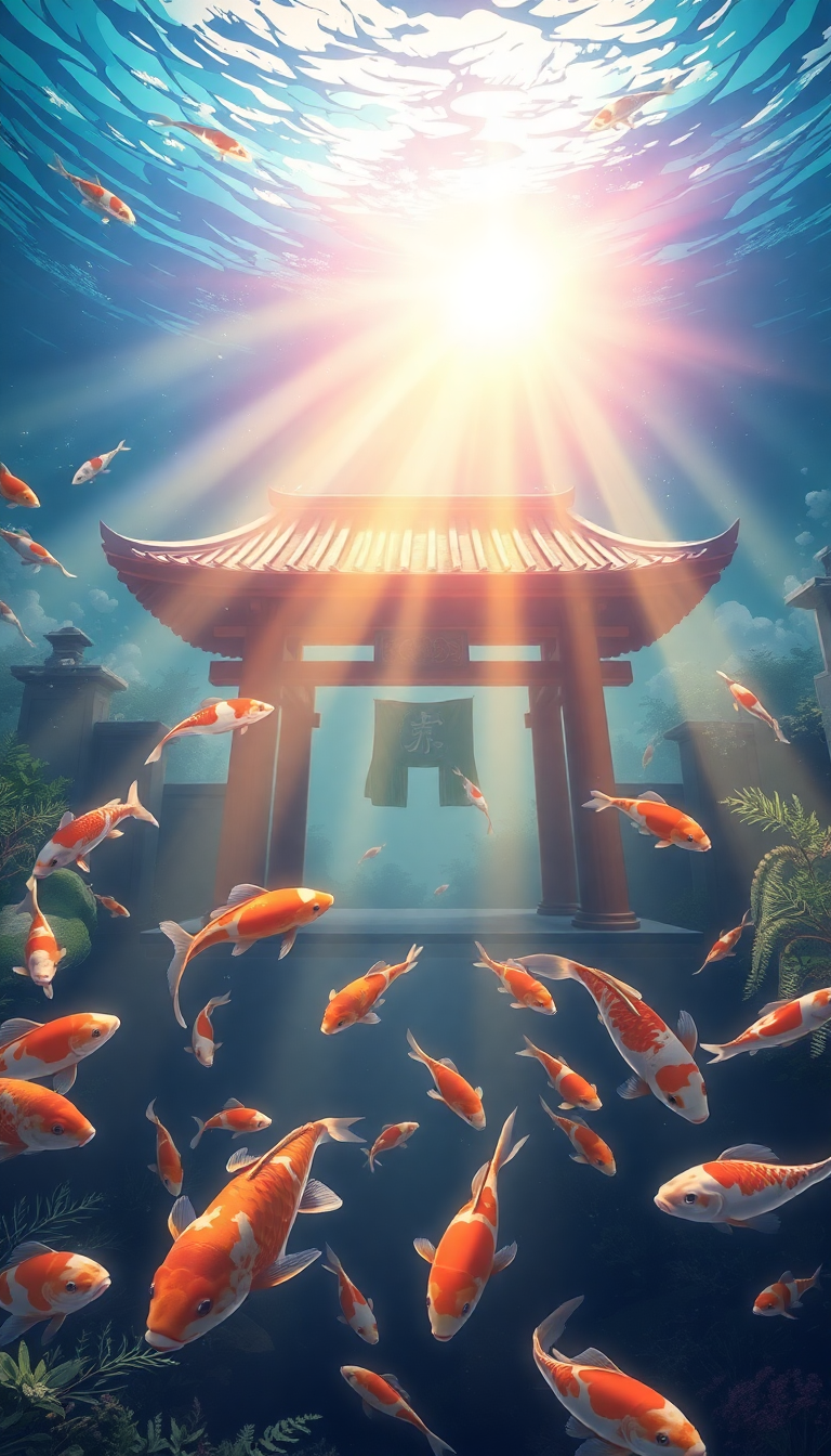 Underwater Shrine Koi Fish Swimming Anime Wallpaper