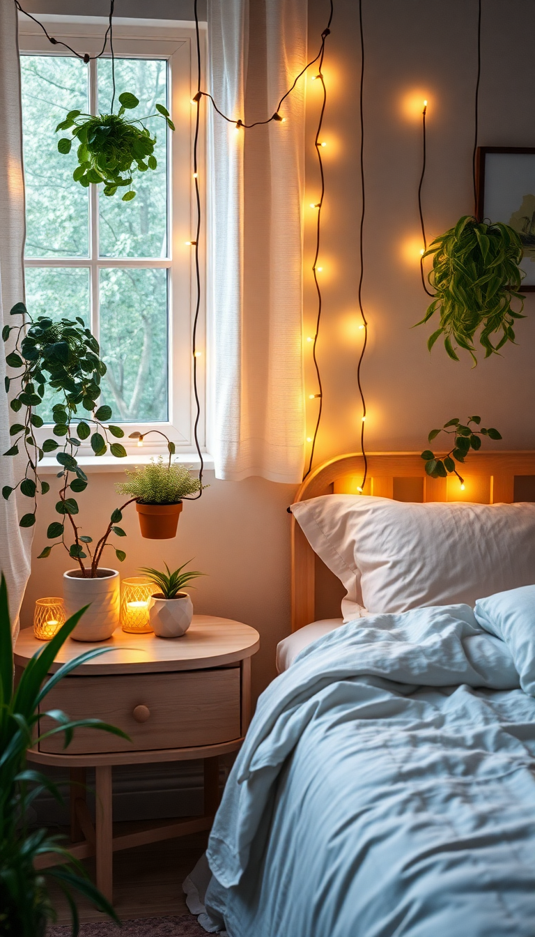 Indie Bedroom Fairy Lights Plants Photorealistic Wallpaper