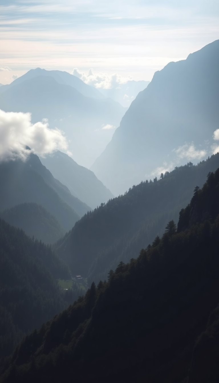 Fog Rolling Over Mountains Valley Photorealistic Wallpaper