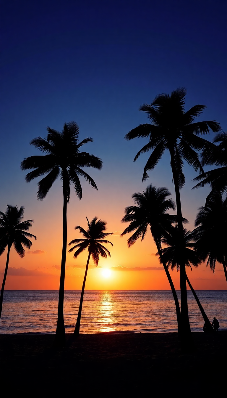 Summer Sunset Beach Silhouette Palm Photorealistic Wallpaper