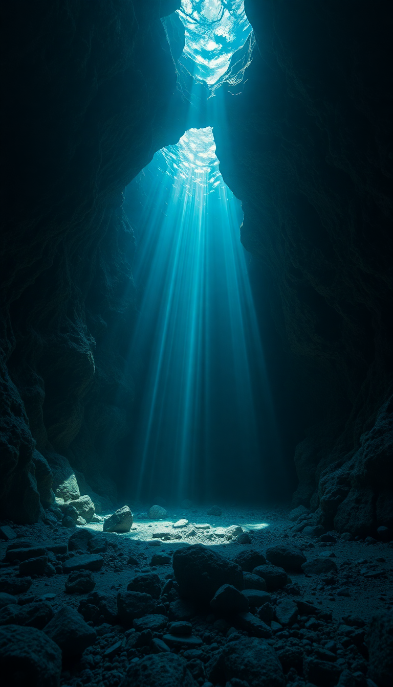 Underwater Cave Entrance Light Streaming Photorealistic Wallpaper
