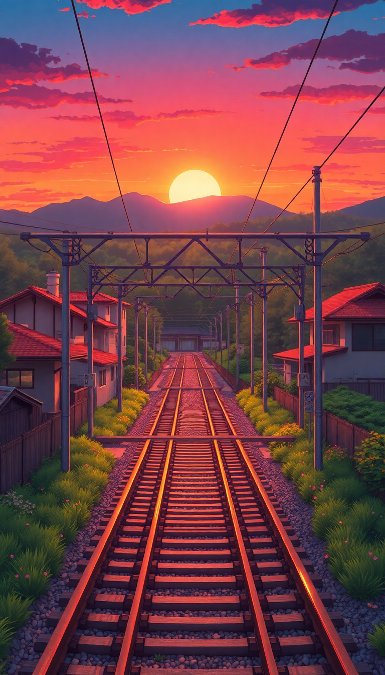 Train Crossing Rural Japan Sunset Anime Wallpaper
