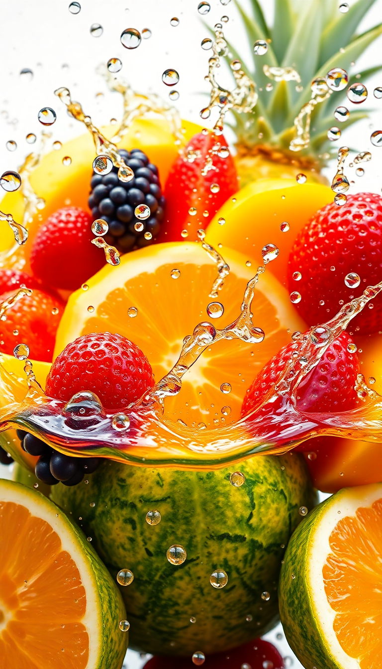 Tropical Fruit Splash Water Droplets Photorealistic Wallpaper