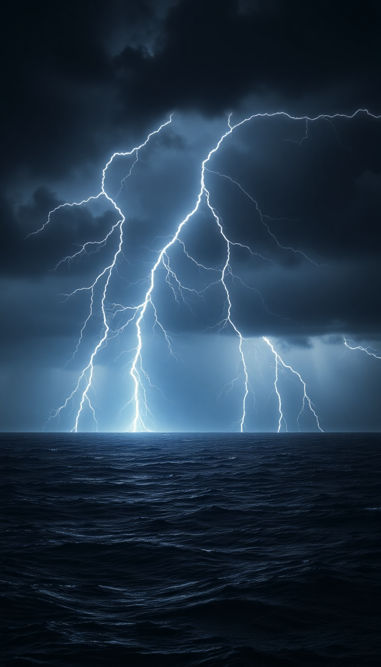 Lightning Storm Over Dark Ocean Photorealistic Wallpaper