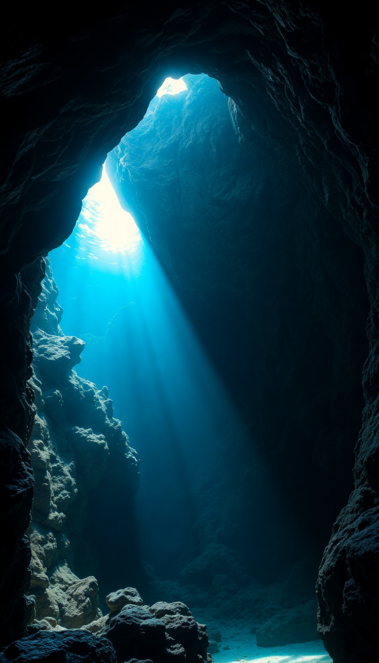 Underwater Cave Entrance Light Streaming Photorealistic Wallpaper
