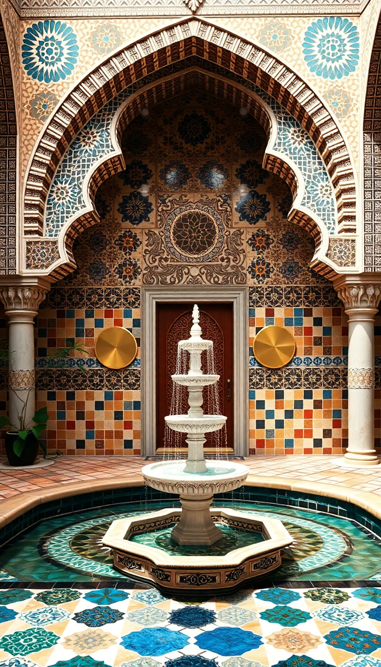 Moroccan Courtyard Tiles Fountain Mosaic Photorealistic Wallpaper