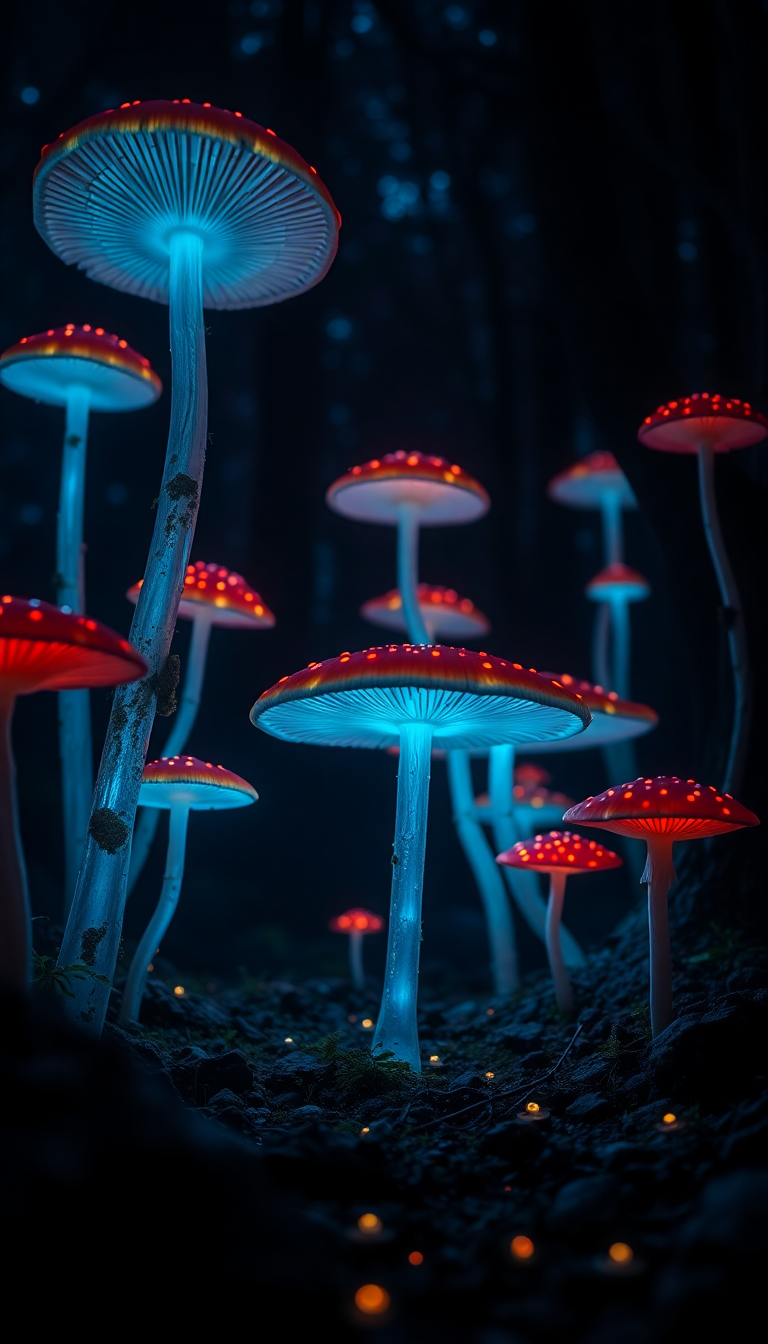 Bioluminescent Mushroom Forest At Night Photorealistic Wallpaper