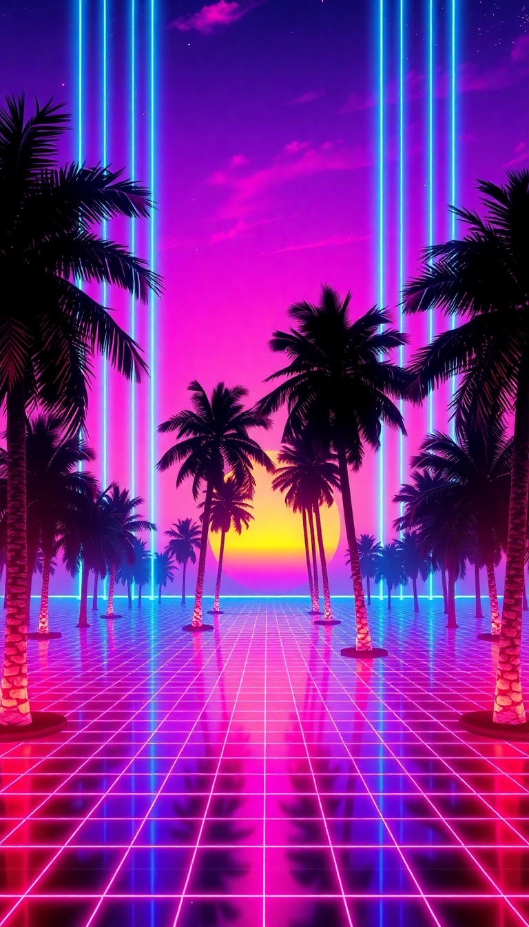 80s Synthwave Grid Sunset Palm Digital art Wallpaper