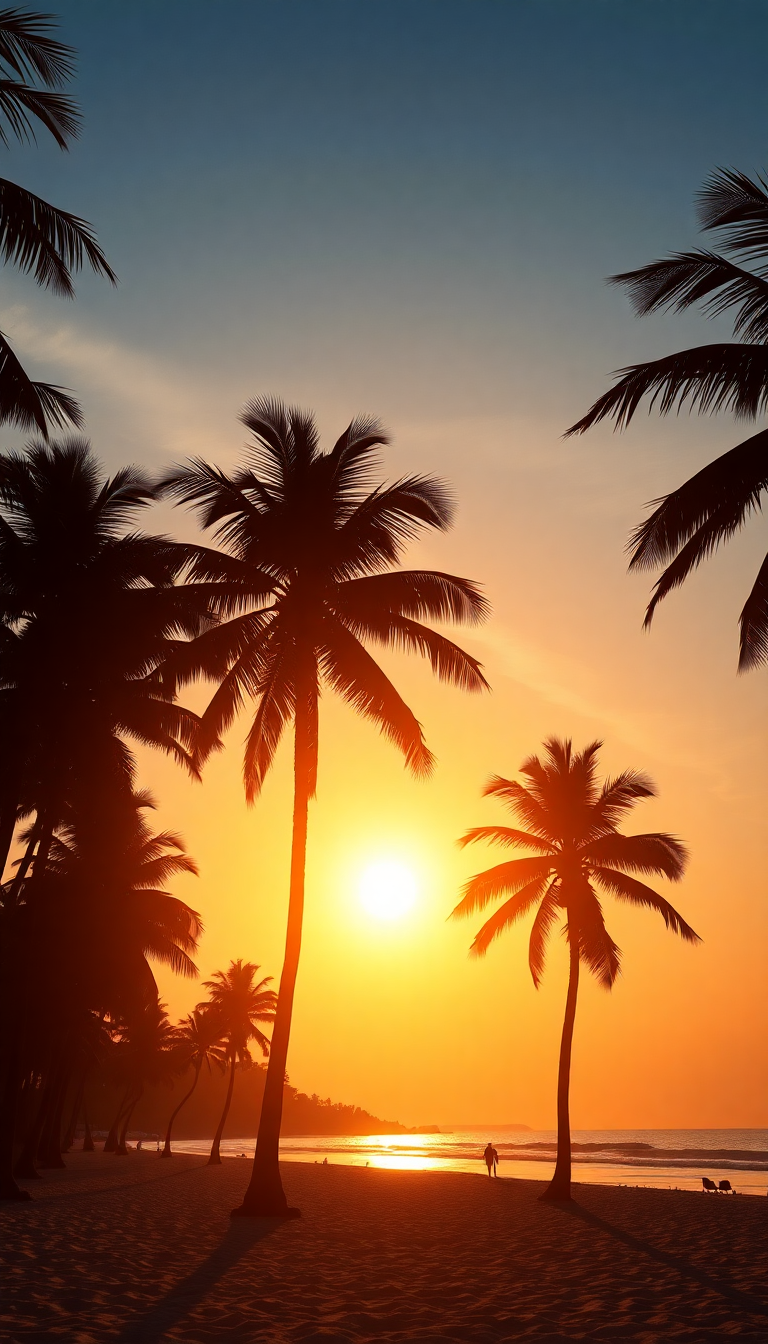 Summer Sunset Beach Silhouette Palm Photorealistic Wallpaper