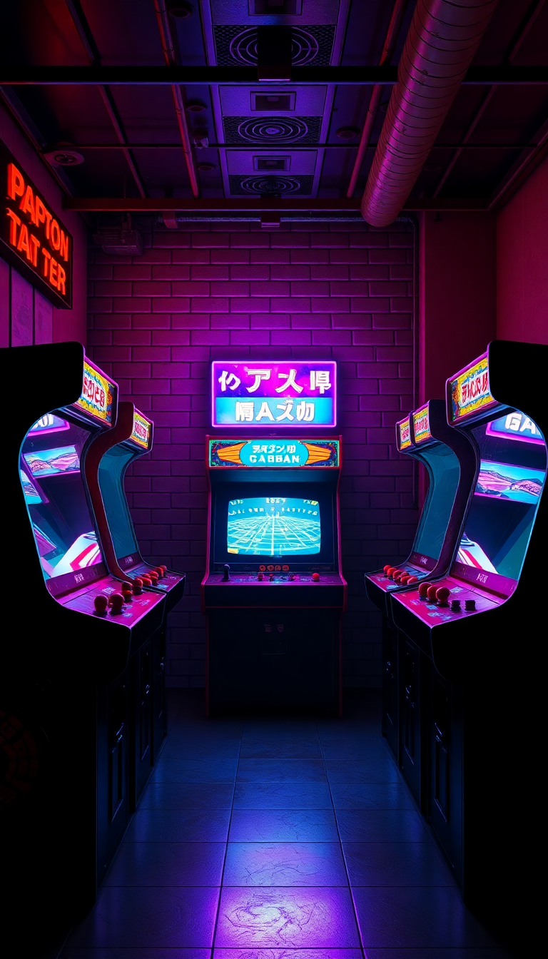 Old Arcade Machines Dark Room Photorealistic Wallpaper