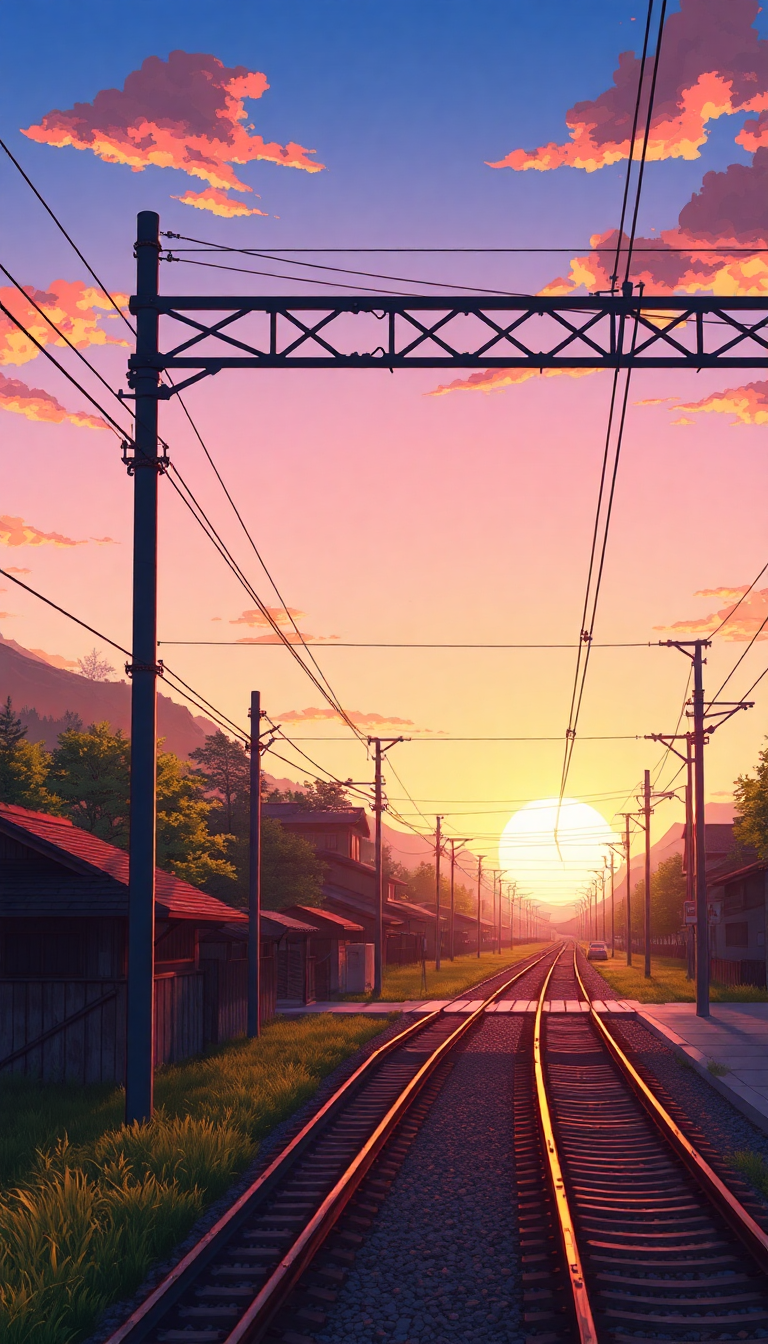Train Crossing Rural Japan Sunset Anime Wallpaper
