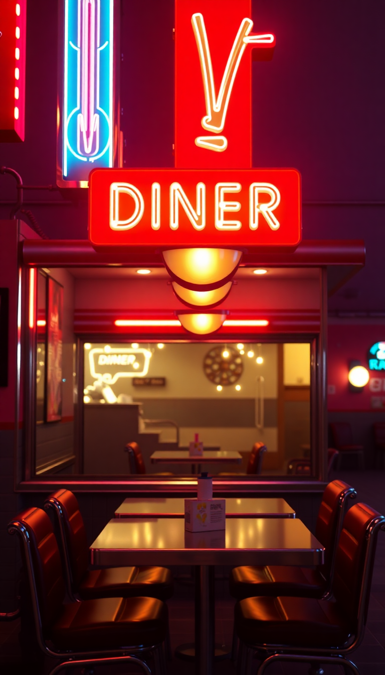 Retro Diner Neon Signs Chrome Photorealistic Wallpaper
