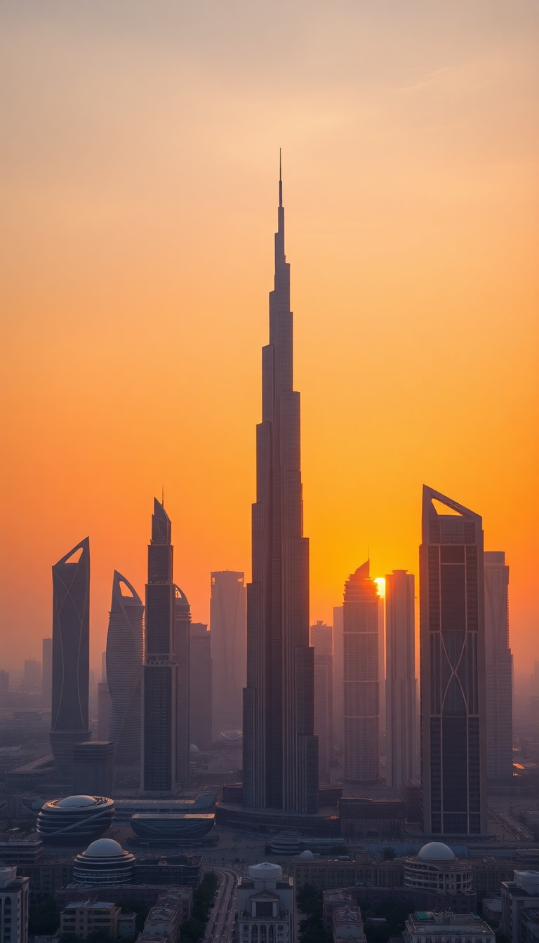 Dubai Skyline Futuristic Towers Sunset Photorealistic Wallpaper
