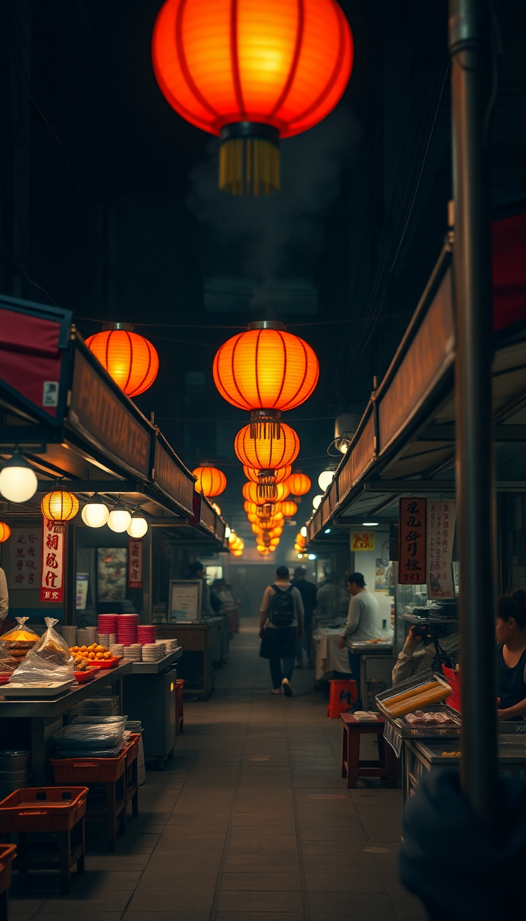 Night Market Street Food Stalls Photorealistic Wallpaper