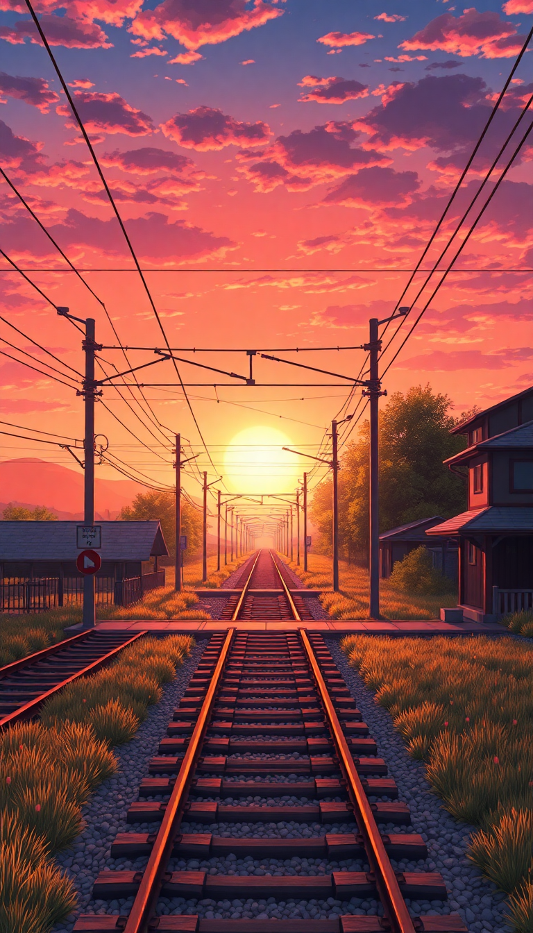 Train Crossing Rural Japan Sunset Anime Wallpaper