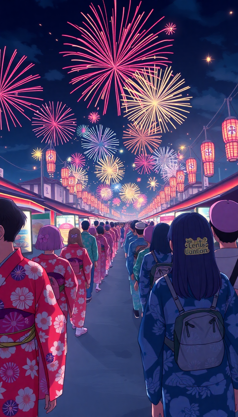 Summer Festival Fireworks Yukata Crowd Anime Wallpaper