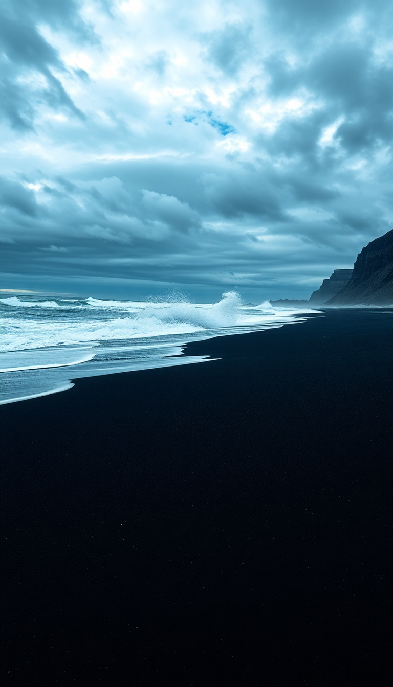 Icelandic Black Sand Beach Waves Photorealistic Wallpaper