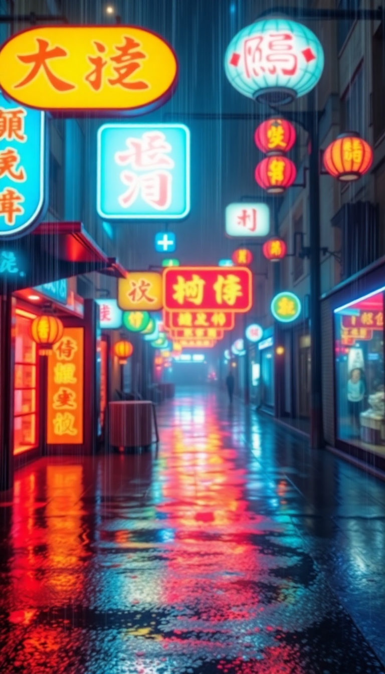 Neon Signs Chinese Characters Rain Digital art Wallpaper
