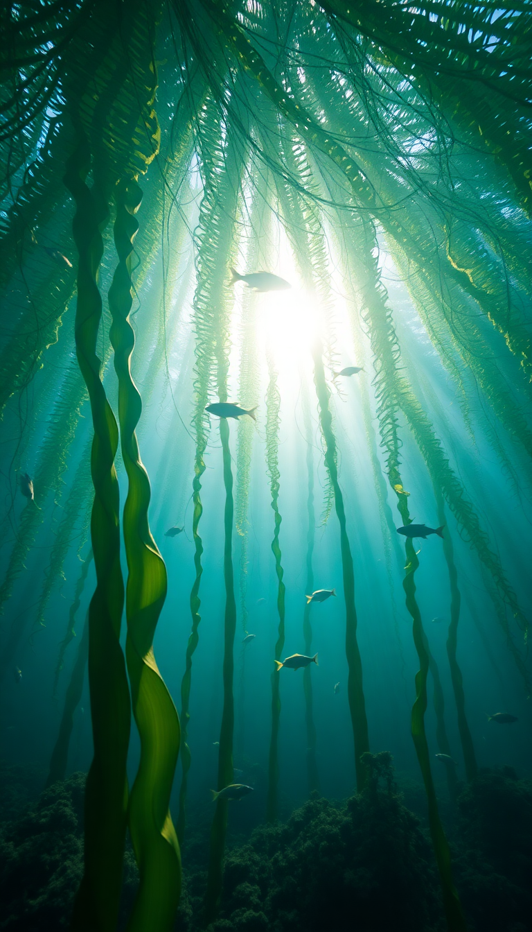 Underwater Forest Kelp Swaying Fish Photorealistic Wallpaper