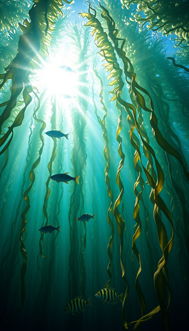 Underwater Forest Kelp Swaying Fish Photorealistic Wallpaper