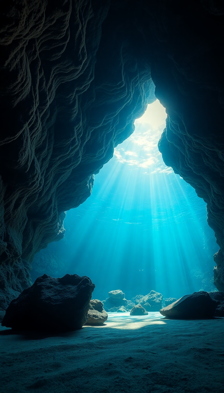 Underwater Cave Entrance Light Streaming Photorealistic Wallpaper