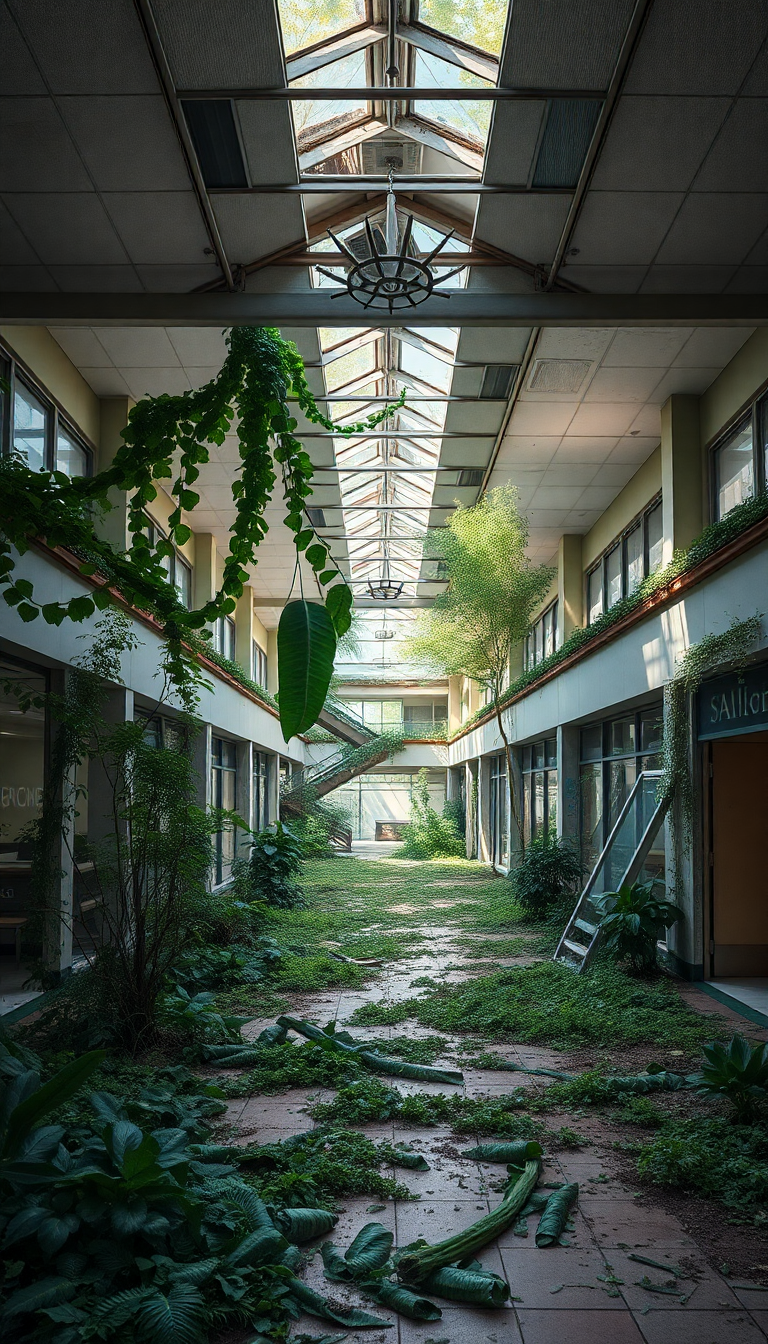 Abandoned Shopping Mall Nature Reclaiming Photorealistic Wallpaper