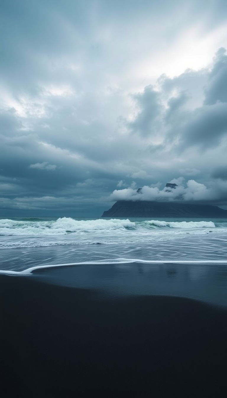 Icelandic Black Sand Beach Waves Photorealistic Wallpaper