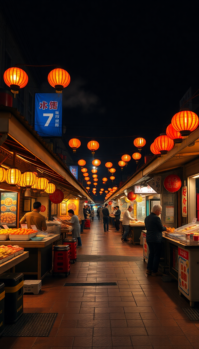 Night Market Street Food Stalls Photorealistic Wallpaper