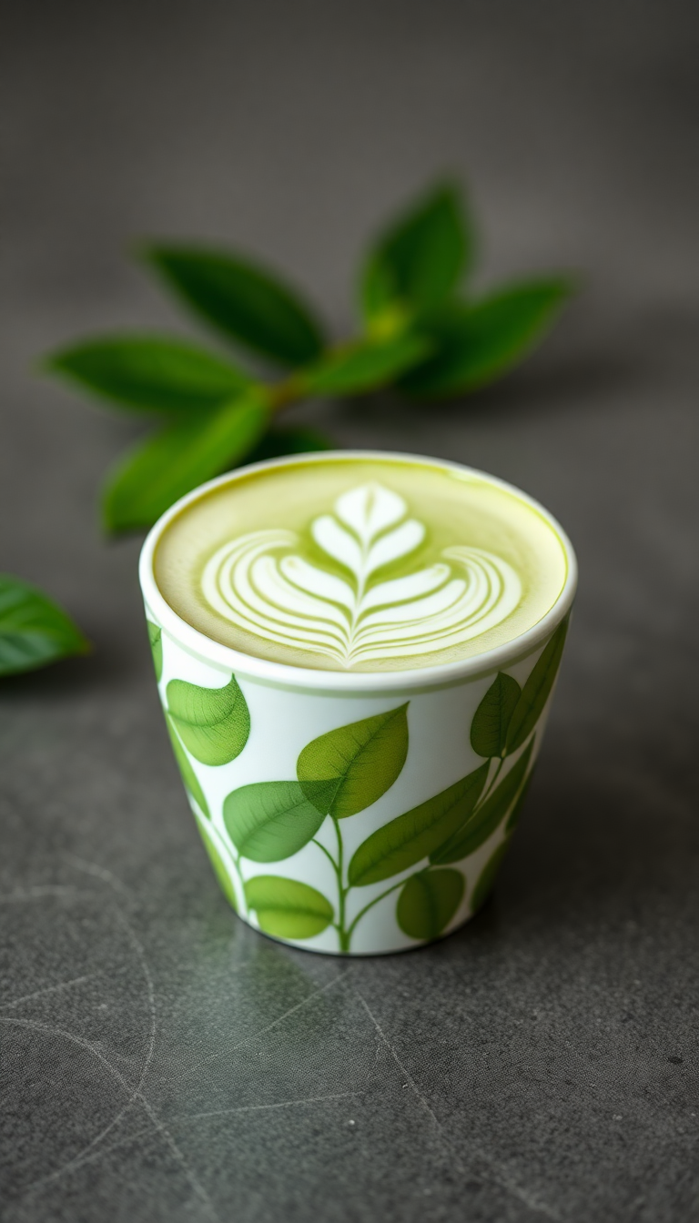 Matcha Latte Art Leaf Pattern Photorealistic Wallpaper