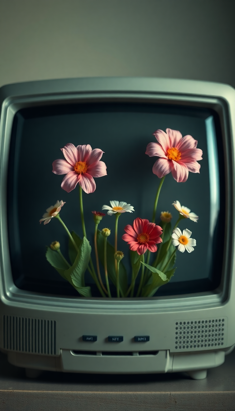 Flowers Growing From Old Television Digital art Wallpaper