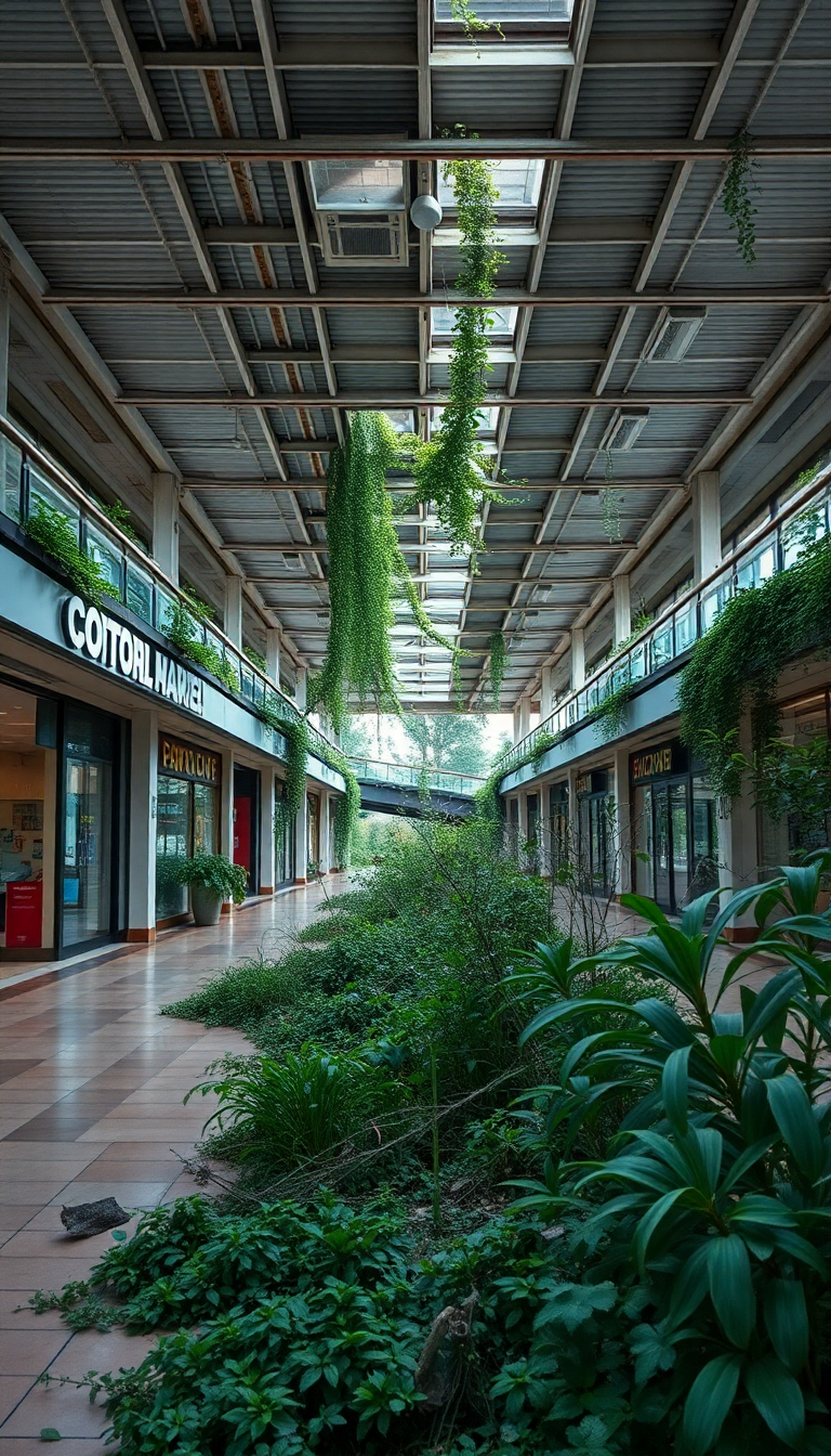 Abandoned Shopping Mall Nature Reclaiming Photorealistic Wallpaper