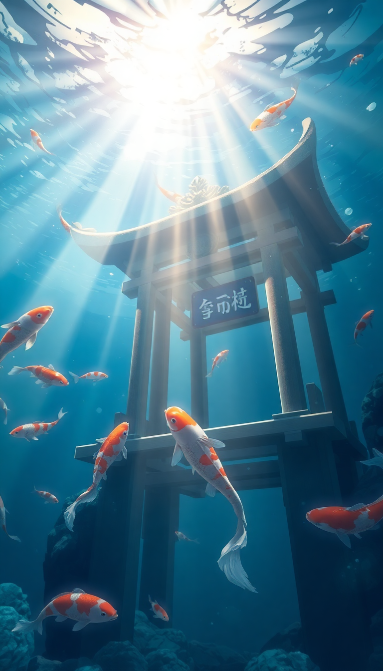 Underwater Shrine Koi Fish Swimming Anime Wallpaper