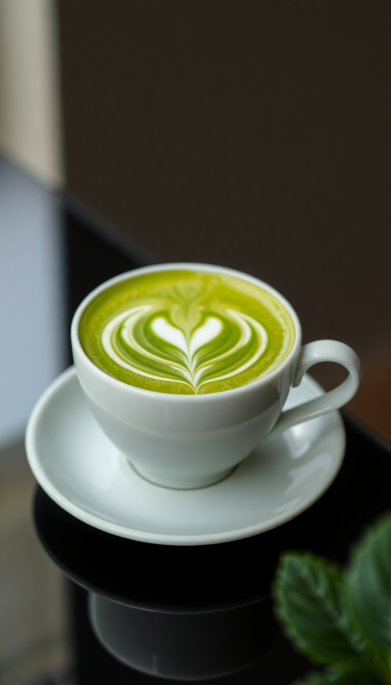 Matcha Latte Art Leaf Pattern Photorealistic Wallpaper