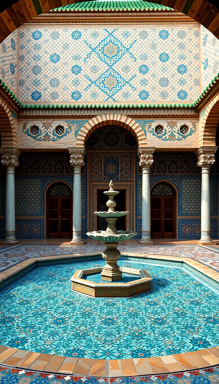 Moroccan Courtyard Tiles Fountain Mosaic Photorealistic Wallpaper