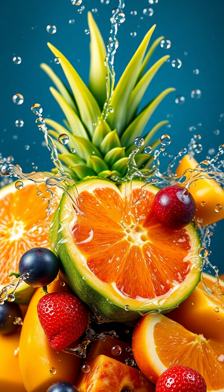 Tropical Fruit Splash Water Droplets Photorealistic Wallpaper