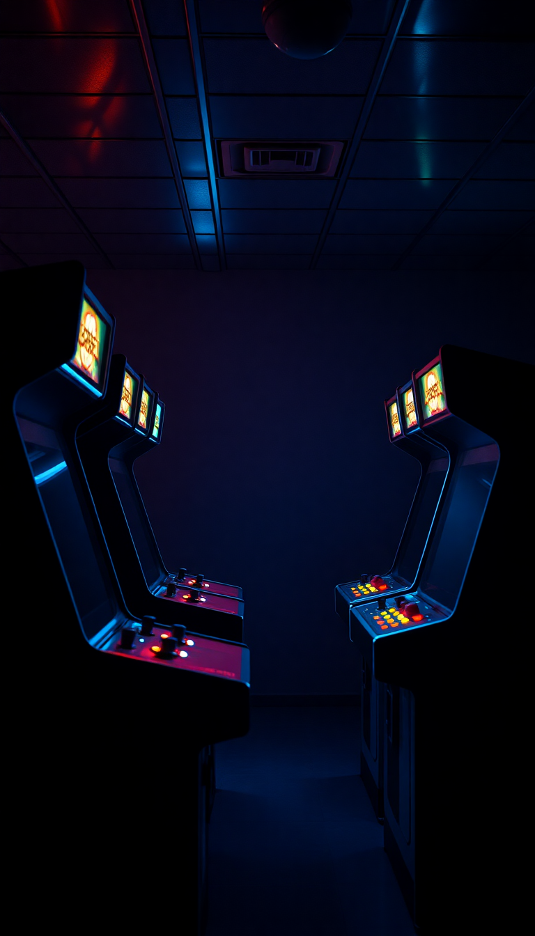 Old Arcade Machines Dark Room Photorealistic Wallpaper
