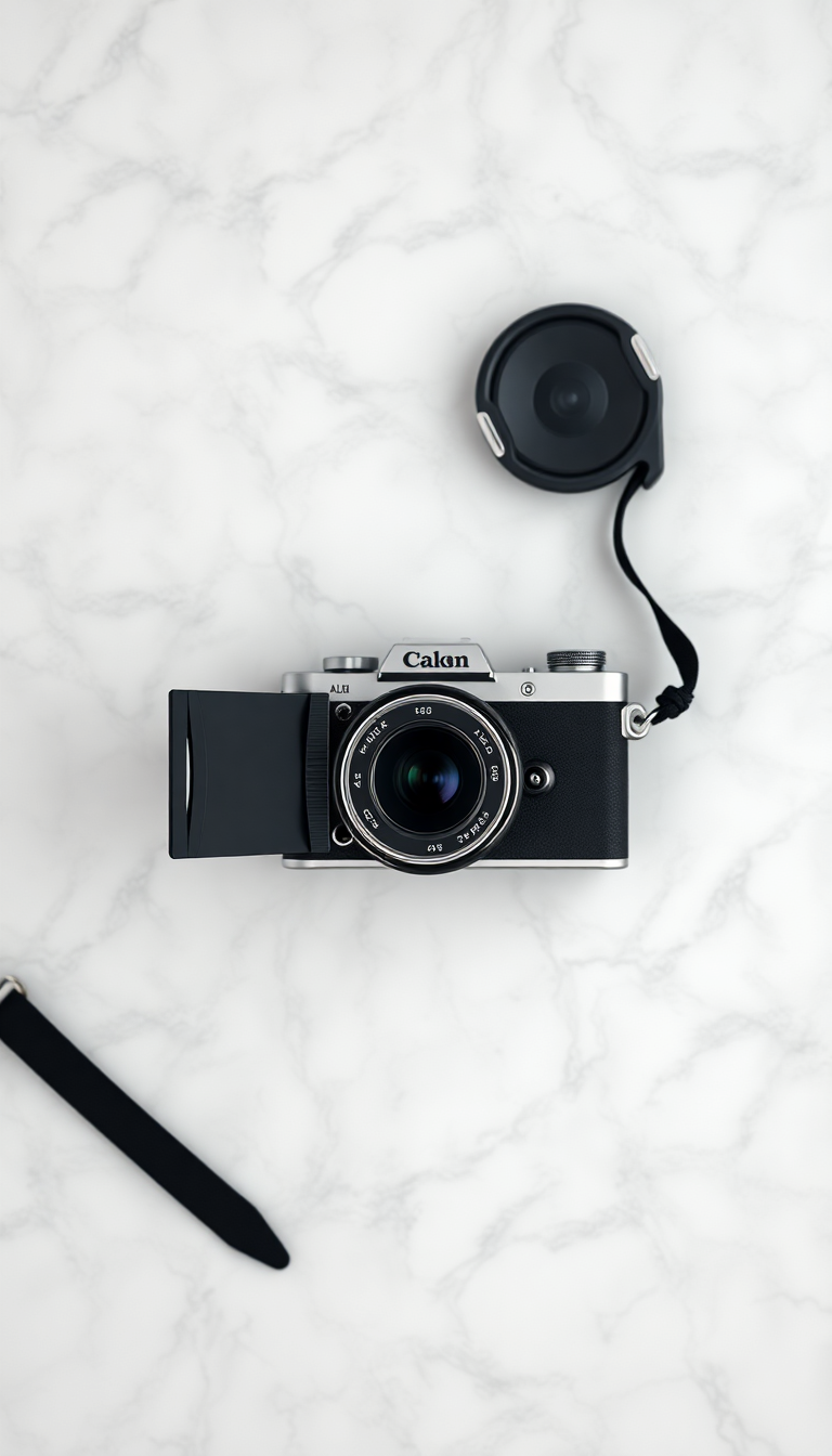 Film Camera On Marble Flatlay Photorealistic Wallpaper