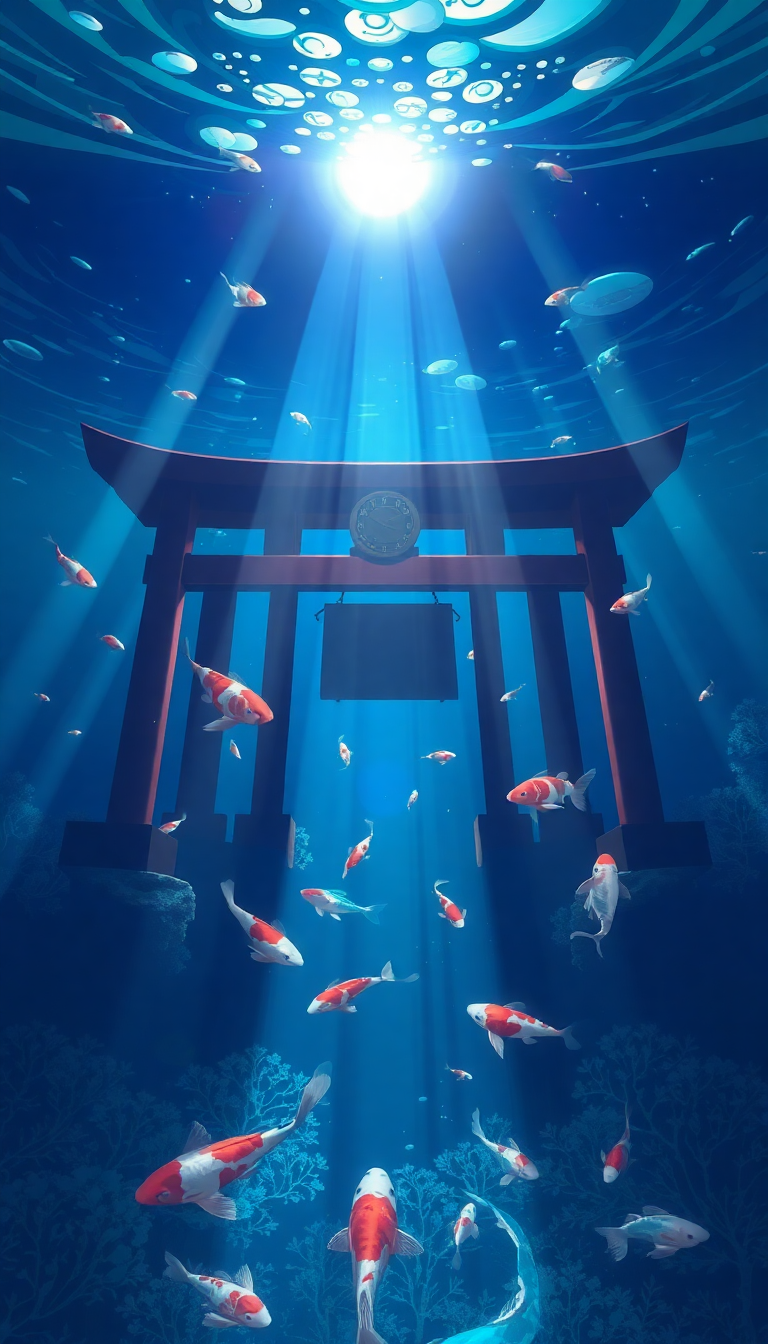 Underwater Shrine Koi Fish Swimming Anime Wallpaper
