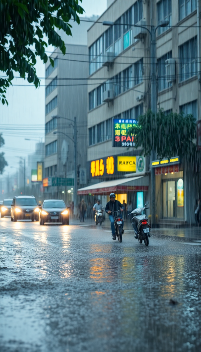 Monsoon Rain Heavy Downpour Street Photorealistic Wallpaper