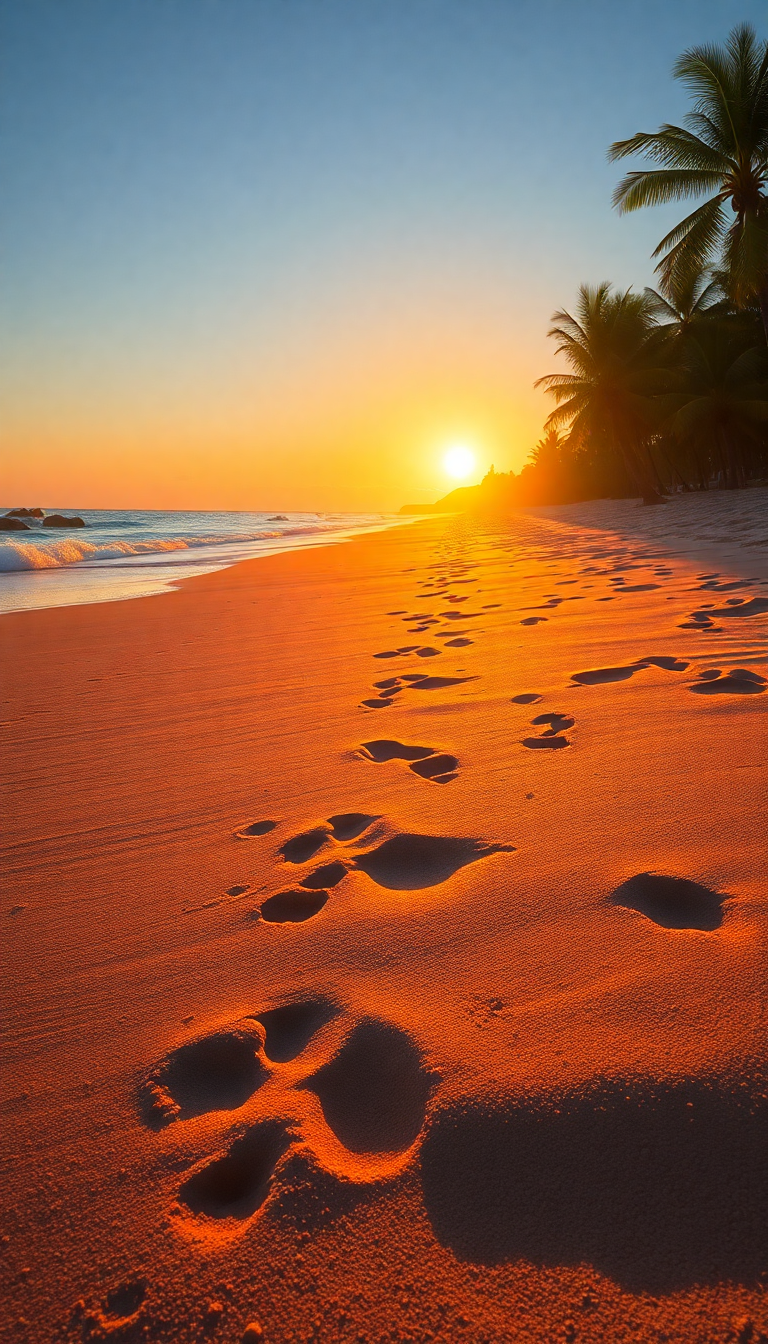 Summer Beach Golden Hour Footprints Photorealistic Wallpaper