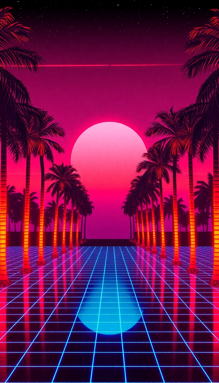 80s Synthwave Grid Sunset Palm Digital art Wallpaper