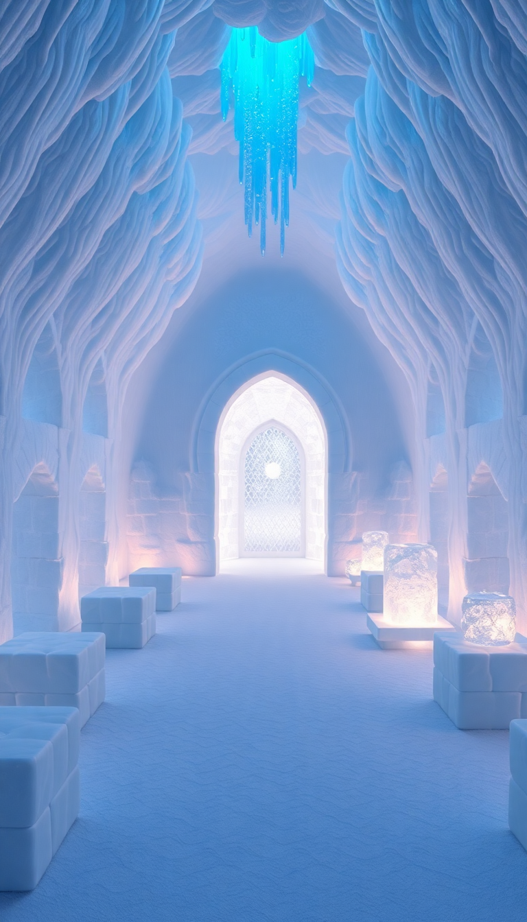Ice Hotel Interior Frozen Sculptures Photorealistic Wallpaper
