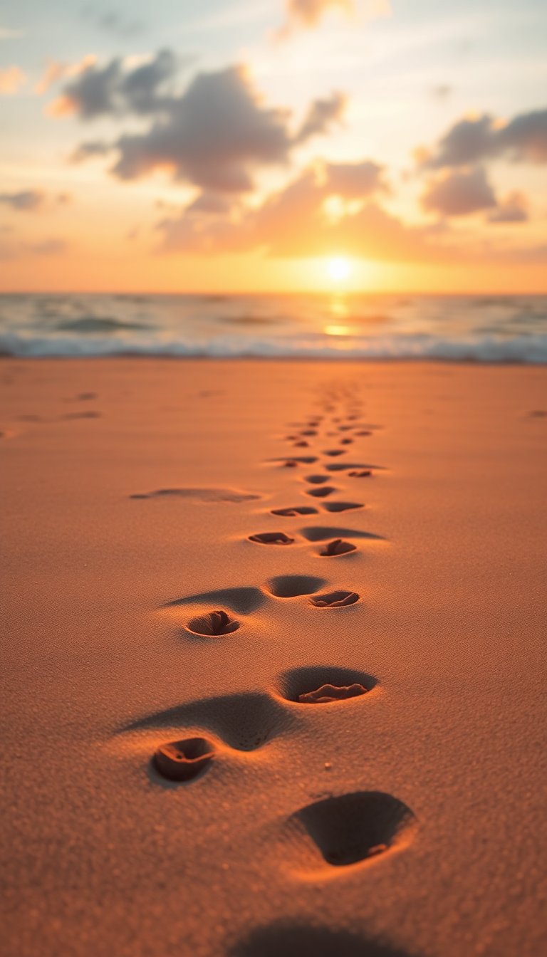 Summer Beach Golden Hour Footprints Photorealistic Wallpaper