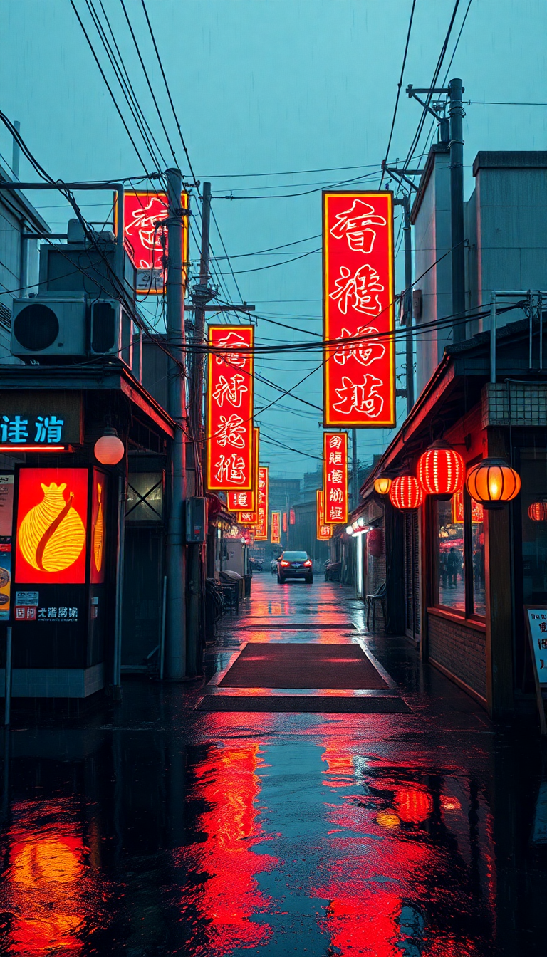 Neon Signs Chinese Characters Rain Digital art Wallpaper