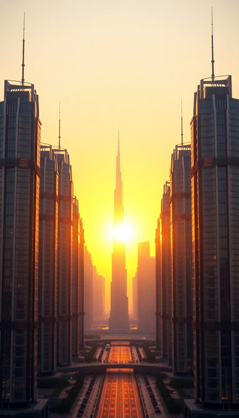 Dubai Skyline Futuristic Towers Sunset Photorealistic Wallpaper