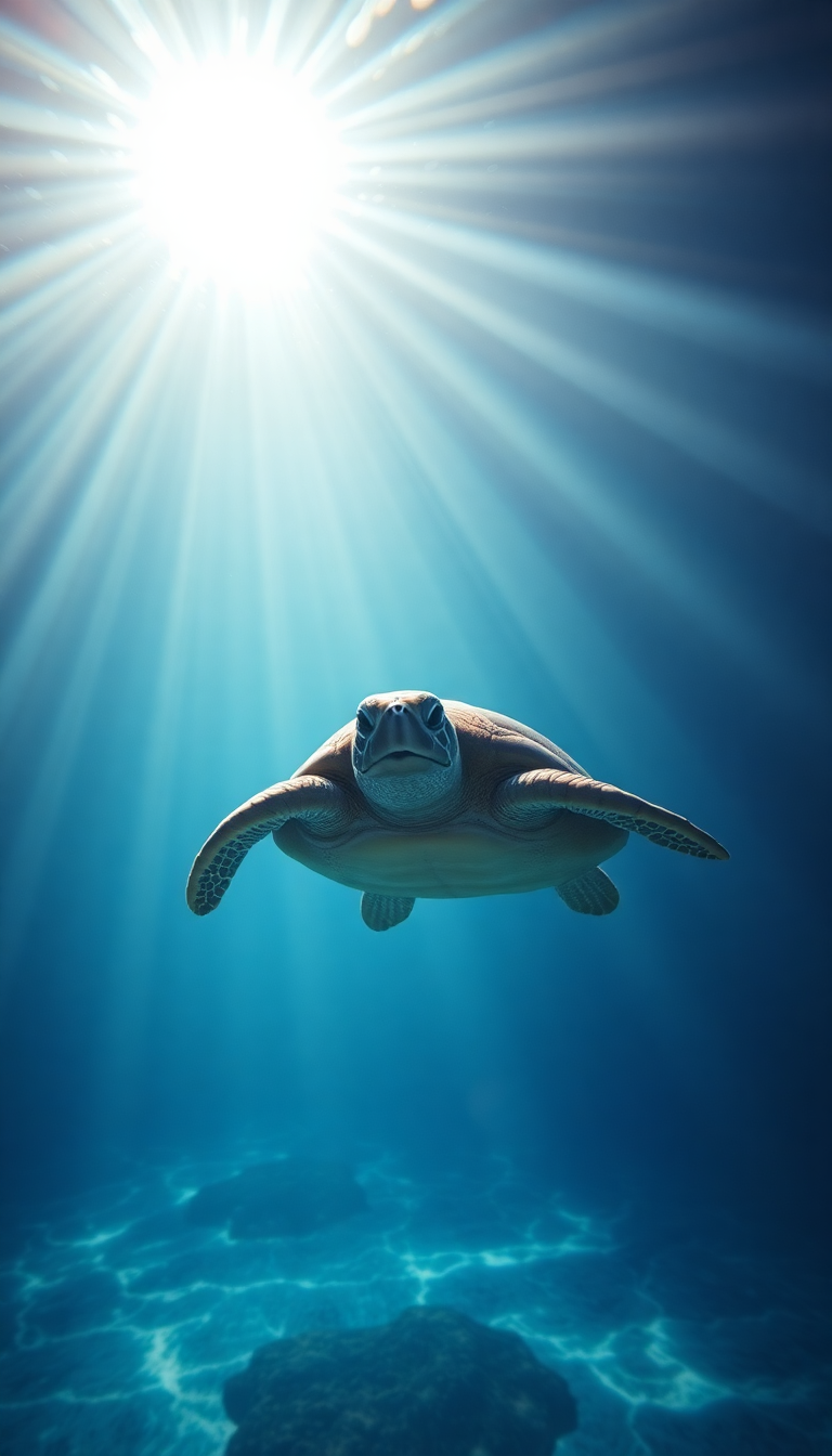 Photorealistic Ancient Turtle Swimming Sunbeams Wallpaper