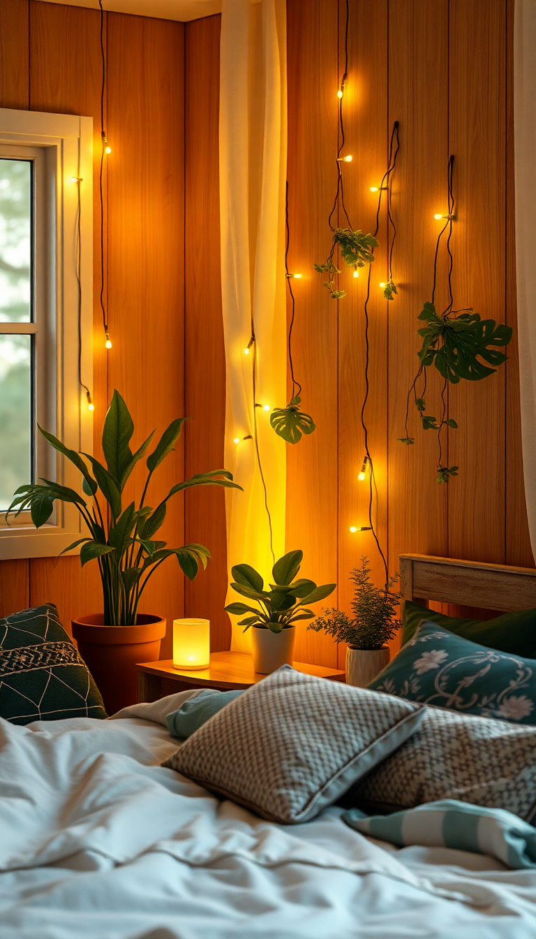Indie Bedroom Fairy Lights Plants Photorealistic Wallpaper