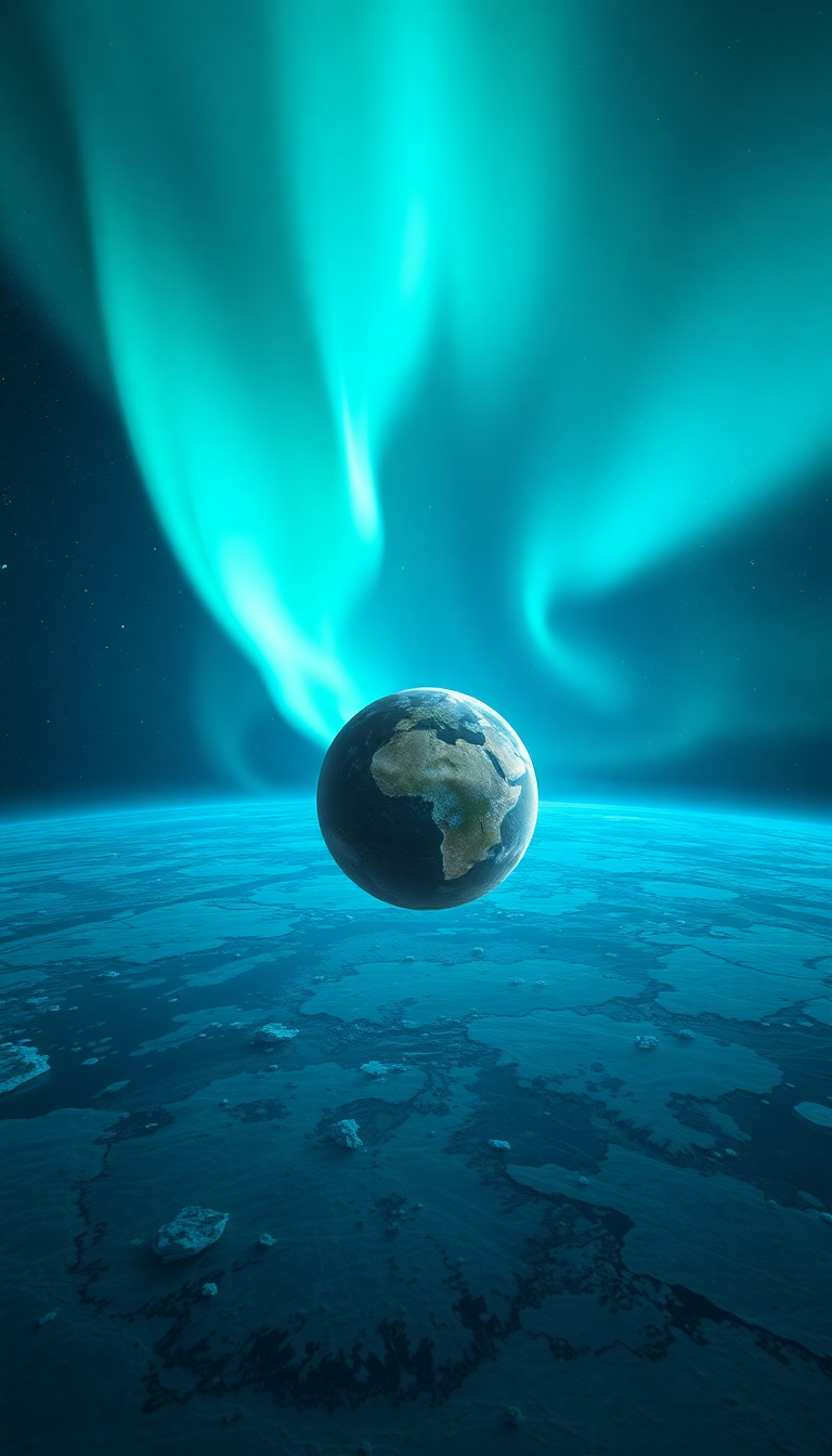 Lonely Satellite Orbiting Ice Planet Photorealistic Wallpaper